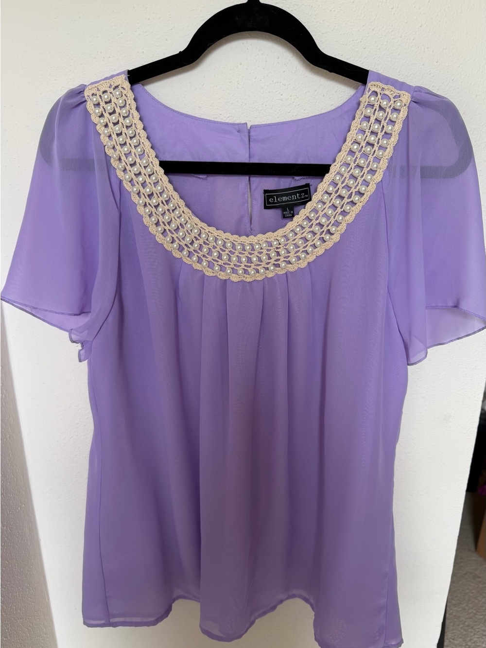 Elementz Lilac Chiffon Blouse with Pearl-crochet Trim Boho cottagecore